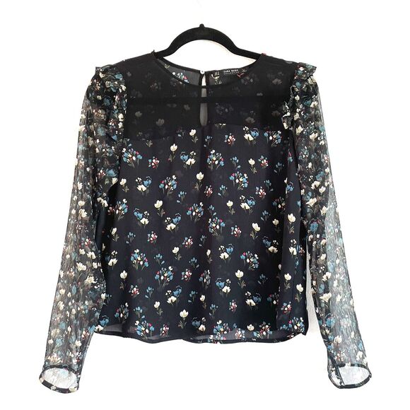 ZARA BASIC Women’s Floral Print Semi Sheer Blouse Top Ruffled Sleeve Blk - Picture 1 of 10